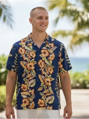 KY’s Men’s Medium Blue Hawaiian Floral Shirt 🌟